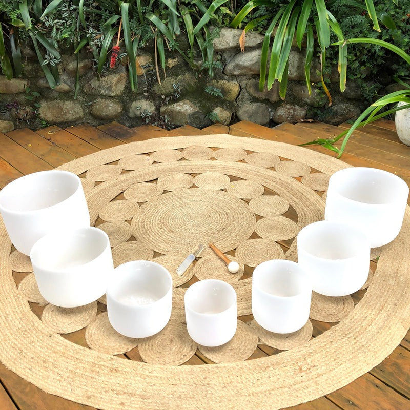 Set of 7 White Crystal Singing Bowls in Beige Bags