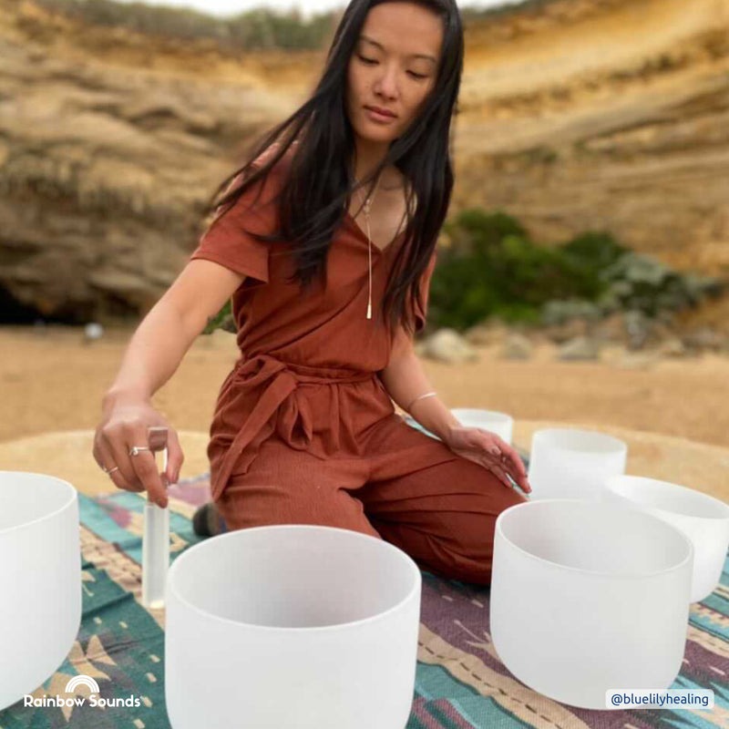 Set of 7 White Crystal Singing Bowls in Beige Bags