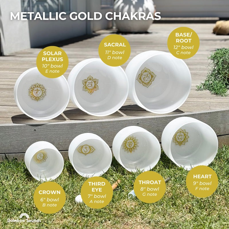 Set of 7 White Crystal Singing Bowls in Beige Bags