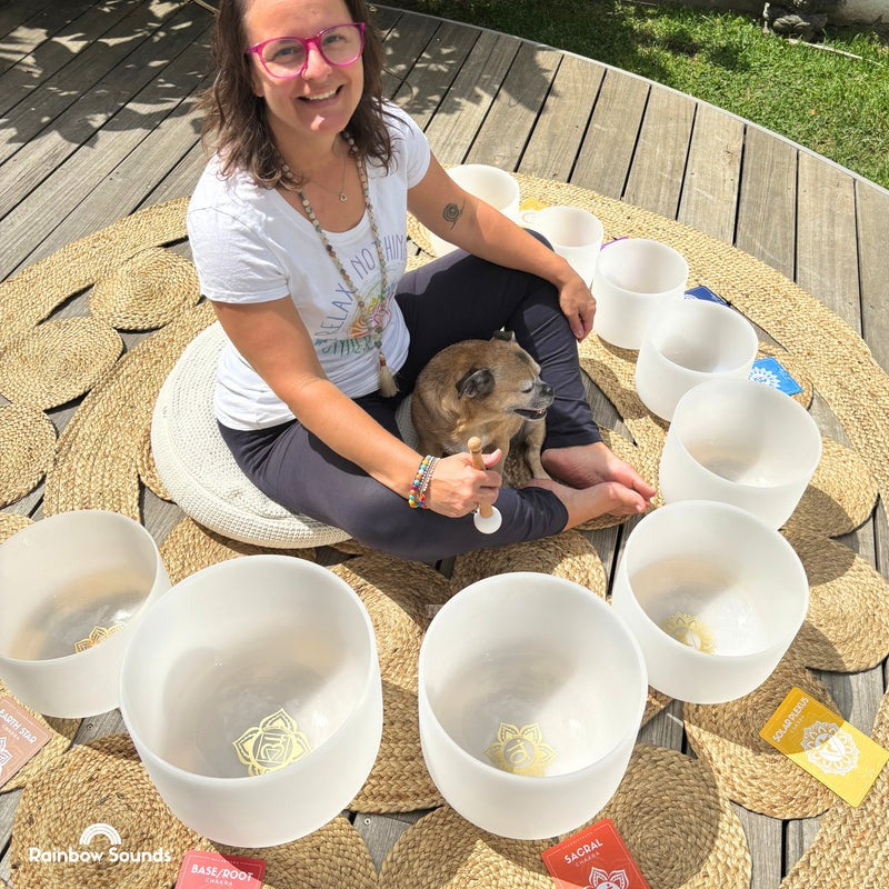 Full Chakra︱Set of 9 White Crystal Singing Bowls in Beige Bags