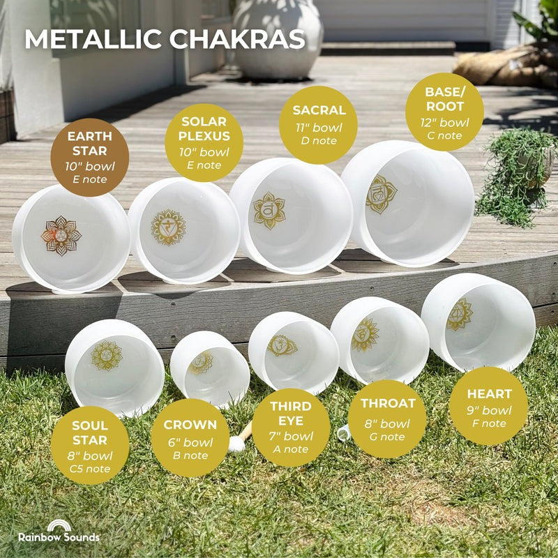 Full Chakra︱Set of 9 White Crystal Singing Bowls in Beige Bags