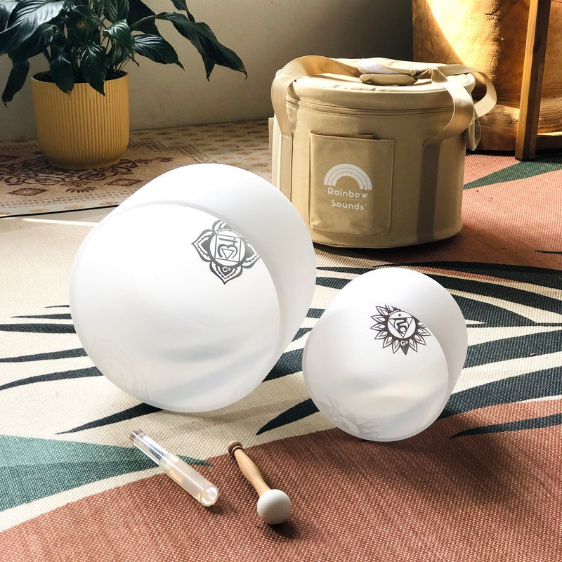 SHARP NOTES Set of 2 White Crystal Singing Bowls in Beige Bag