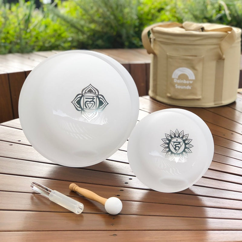 SHARP NOTES Set of 2 White Crystal Singing Bowls in Beige Bag