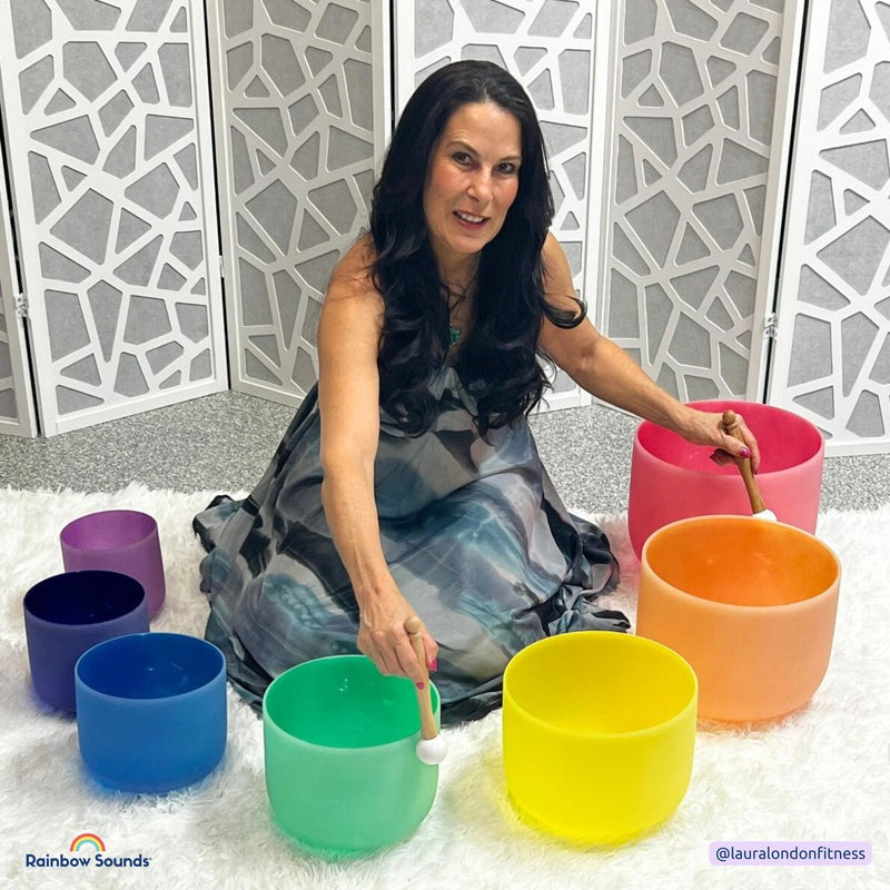 Set of 7 Rainbow Colour Crystal Singing Bowls in Carry Bags