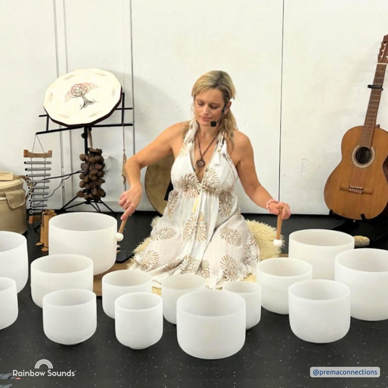Full Chakra︱Set of 9 White Crystal Singing Bowls in Beige Bags