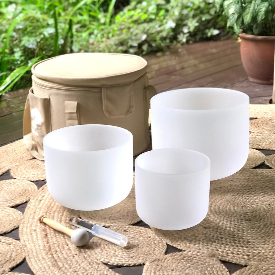 Set of 3 White Crystal Singing Bowls in Beige Bag