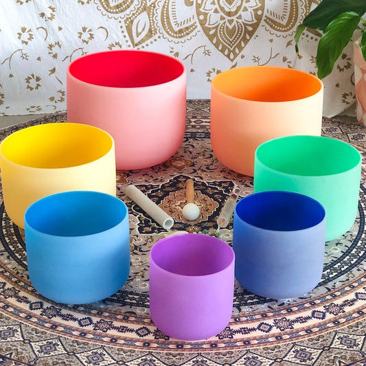 Set of 7 Rainbow Colour Crystal Singing Bowls in Purple Bags