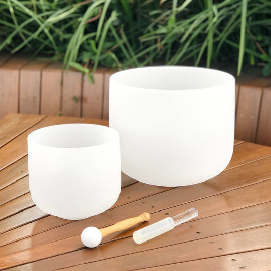 SHARP NOTES  Set of 2 White Crystal Singing Bowls in Beige Bag