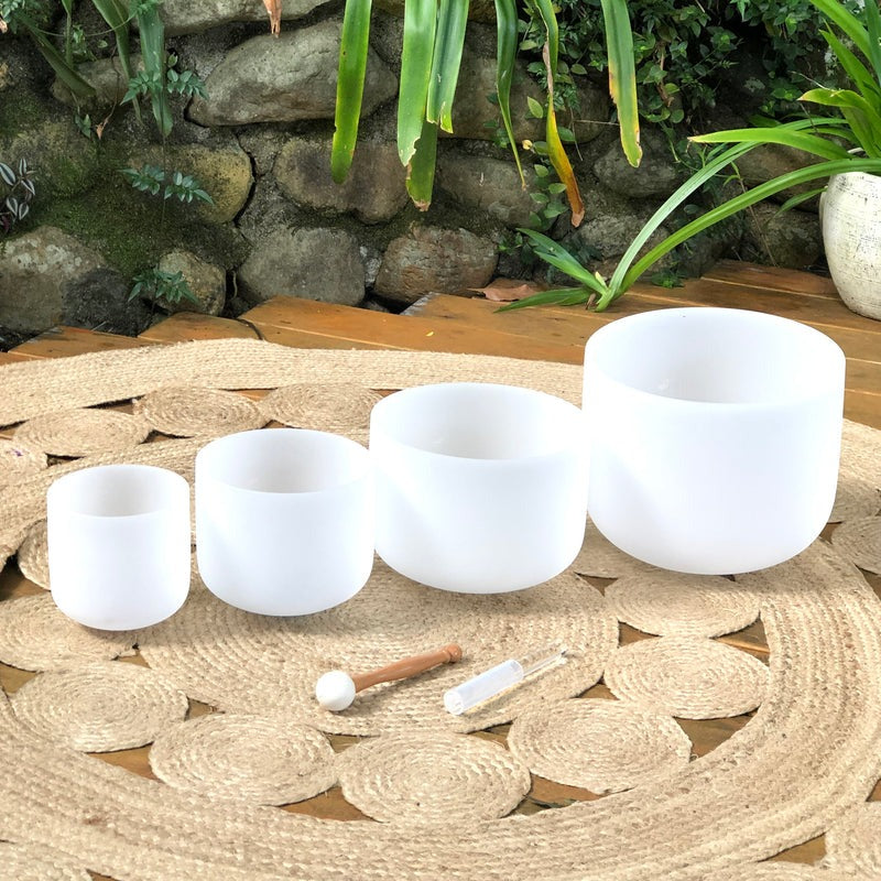 Set of 4 White Crystal Singing Bowls in Beige Bag