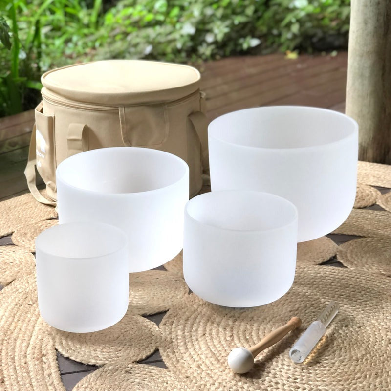 Set of 4 White Crystal Singing Bowls in Beige Bag