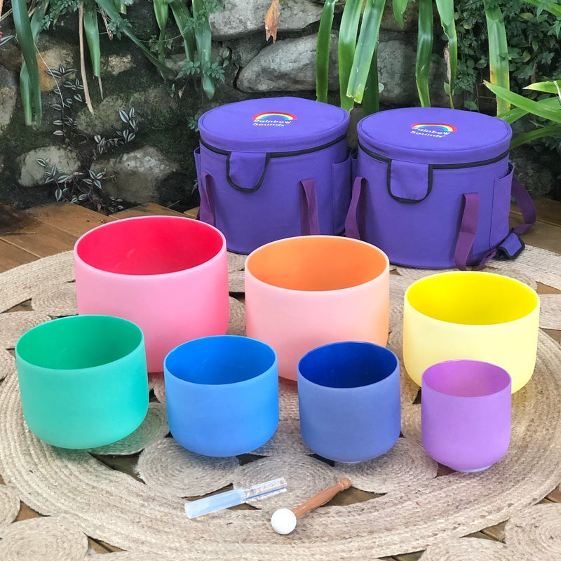 Set of 7 Rainbow Colour Crystal Singing Bowls in Purple Bags