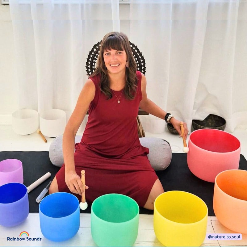 Set of 7 Rainbow Colour Crystal Singing Bowls in Carry Bags